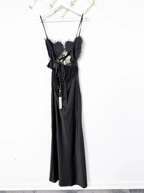 For Love & Lemons Val Heart Cup Dot Tulle Ruffle Satin Black Maxi Dress NEW - Picture 11 of 11